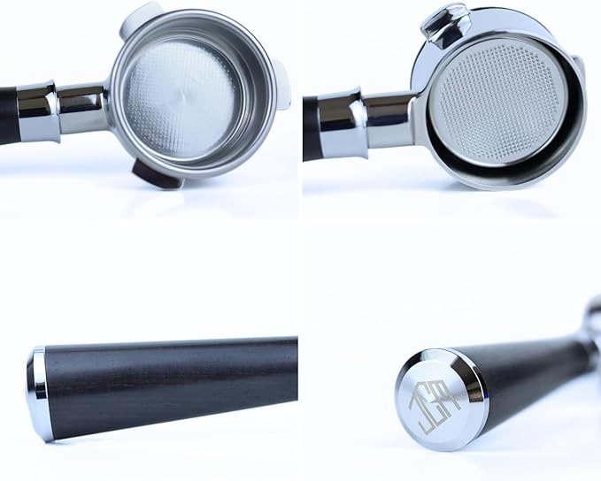 54mm Bottomless Portafilter 3 Ears Black Rosewood Handle Set– Fits Breville Barista Express, Bambino, Impress, Duo Temp Pro and Infuser – Includes 18g Filter Basket & 1.7mm Puck Screen