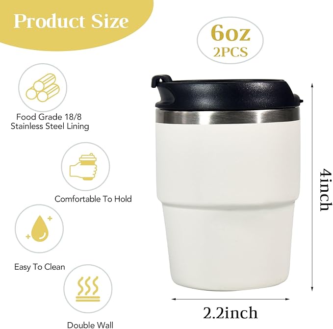 6oz Vacuum Insulated Espresso Cup Set of 2, Espresso Shot Cup for Coffee, Double Wall Stainless Steel Mini Tumbler Shot Glasses with Lid