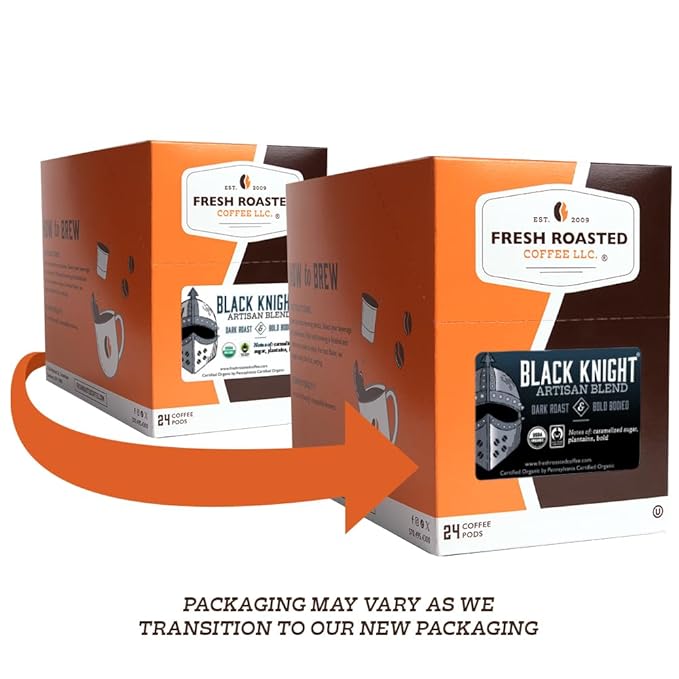Fresh Roasted Coffee, Organic Black Knight | USDA Organic, Kosher | Dark Roast 24 Pods for K Cup Brewers