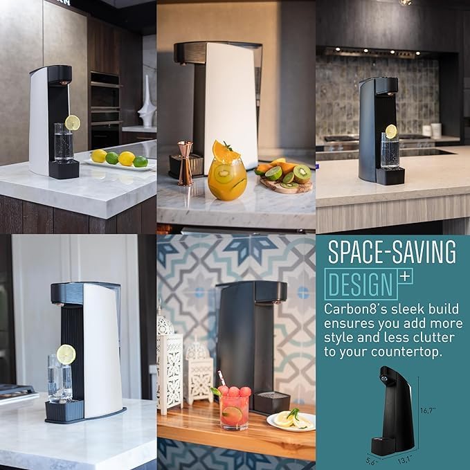 Carbon8 Sparkling Water Maker Machine, Home Soda Stream Machine, Screw-In CO2 Carbonator, Countertop Water Mineralizer, Seltzer Soda Maker Dispenser, CO2 Cylinder Included, White