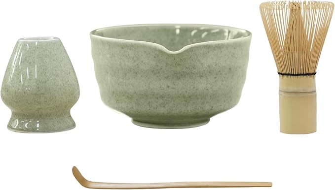 Matcha Whisk Set, Japanese Tea Set includes Matcha Bowl with Spout, Matcha Whisk and Holder, Bamboo Matcha Scoop - 4 Pcs Ceremonial Grade Matcha kit for Matcha Tea Lovers (Jade Green)