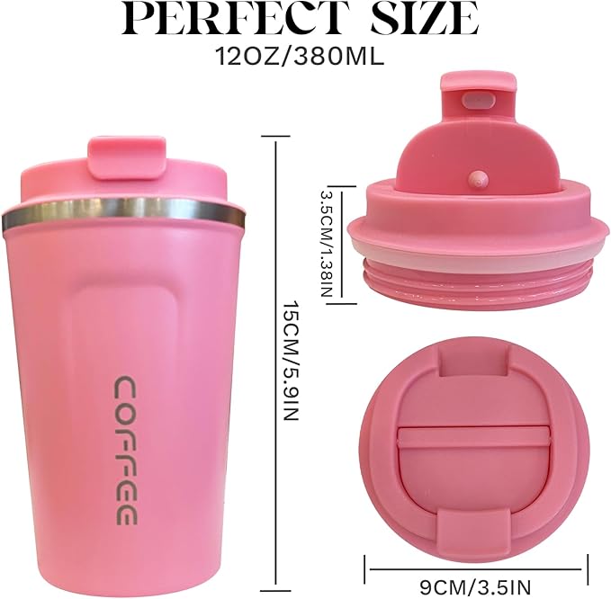 YINBAOGE Insulated Travel Coffee Mug Spill Proof Leak Proof Pobtable To Go Camping Stainless Steel Coffee Tumbler Reusable Coffee Cups with Lids Thermos for Hot and Cold Drink (2nd-Pink, 12 OZ)