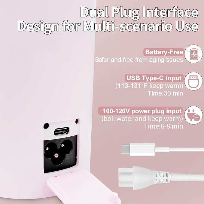 Travel Kettle Portable Electric Kettle with Plug-in Boiling & Keeps Warm via USB, Portable Water Boiler with 4 Temperature Settings, 304 Stainless Steel with Auto Shut-off 16oz(Pink)