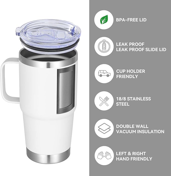 VEGOND 20 oz Tumbler with Handle Lid and Straw, Stainless Steel Insulated Travel Coffee Mug Spill Proof Double Wall Metal Tumbler Cup Keeps Drink Hot and Cold, White 1 Pack