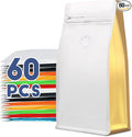 Coffee Bags with Valve(60pcs,16 oz,1 lb) Vented Coffee Beans Packaging Bags High Barrier Aluminumed Foil Flat Bottom Heat Sealed Side Zipper Resealable Storage Bag for Home or Business（White+Gold）