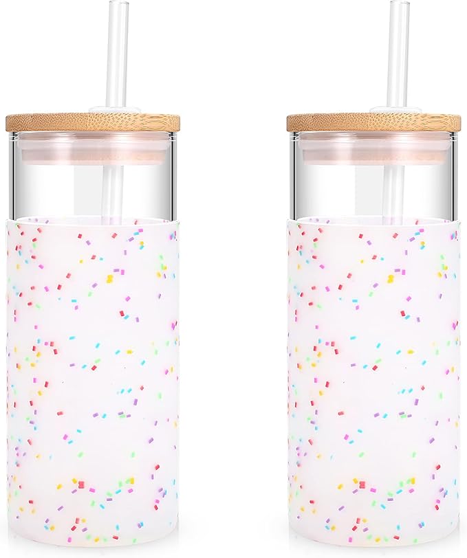 Tronco 20 oz Glass Tumbler Glass Water Bottle Straw Silicone Protective Sleeve Bamboo Lid - BPA Free (Colorful spots/ 2pack)