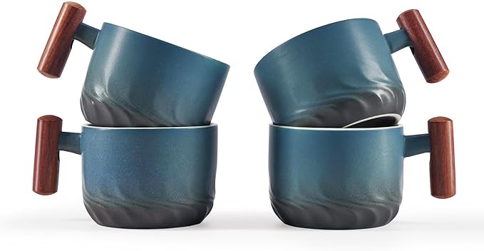 6oz Ceramic Espresso Cups with Wooden Handle, Small Coffee Cups for Latte Cappuccino, Tea Cups Set of 4