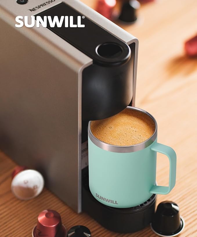 SUNWILL Travel Coffee Mug with Lid, Insulated Tumbler with Handle, 14 oz Stainless Steel Cup Set for Camping, Outdoor, Powder Coated Sakura & Mint 2 Pack