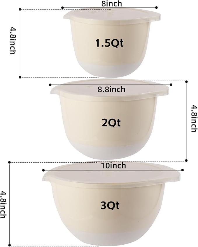 3 Plastic Mixing Bowls with Pour Spout,Lids and TPR Non-Slip Bottom,3Qt,2Qt,1.5Qt,Nesting Bowl Set for Kitchen Prep,Baking,Storage,Batter,Small,BPA free,Dishwasher Safe,Easy to Grip,White