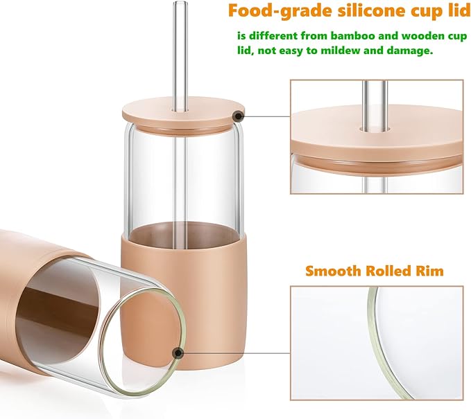 Sunseeke Glass Tumbler with Straw and Lid, 16oz Ice Coffee Cup, Silicone Sleeve Cleaning Brushes, Drinking Glasses for Water, Iced Coffee, Smoothie - BPA Free -3 Pack