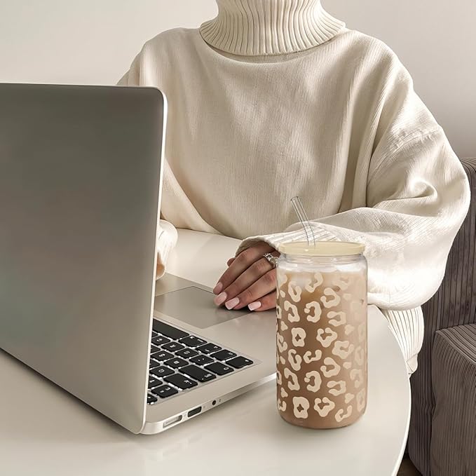 SANDJEST Leopard Glass Can, Beige Leopard Print Cup with Lid & Straw, Iced Coffee Aesthetic Cups, Gift for Christmas Birthday Mother Day, Gifts for Women, 16oz