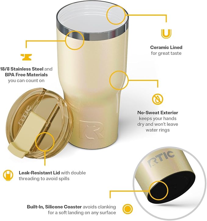 RTIC 30oz Essential Tumbler with Lid, Insulated, Stainless Steel, Metal, Double Wall Vacuum-Insulation, Ceramic Lined, Travel Cup for Iced Coffee, Tea, Hot and Cold Drink, Sunlight Glitter
