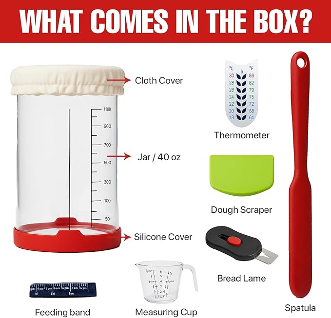 Sourdough Starter Kit, 40 Oz Sourdough Jar with Measuring Cup, Thermometer, Spatula, Dough Scraper, Bread Lame, Silicone Base & Cloth Cover, Feeding Band, Bread Baking Supplies for Bakers (40 Oz)