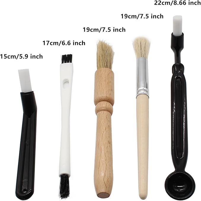 Coffee Grinder Cleaning Brush, Espresso Machine Brush Kit Wood Handle & Natural Bristles Wood Dusting Espresso Brush Set with Spoon for Bean Grain Coffee Tool (Pack of 5)