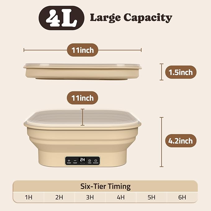 Heating Sourdough Starter Kit, 4L Electric Thermostatic Silicone Square Foldable Banneton Bread Proofing Basket with 6 Timer & Temp Settings for Dough Rising, Dishwasher Safe, Bread Making Kit