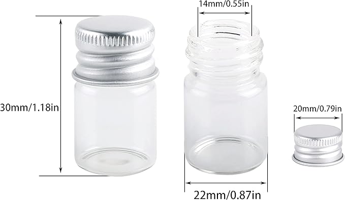 MaxMau Mini Glass Bottles with Screw Caps 5ml 24 Sets Aluminum Top Metal Lids 5 Milliliter Tiny Vials Small Jars DIY Storage Art Craft Decor