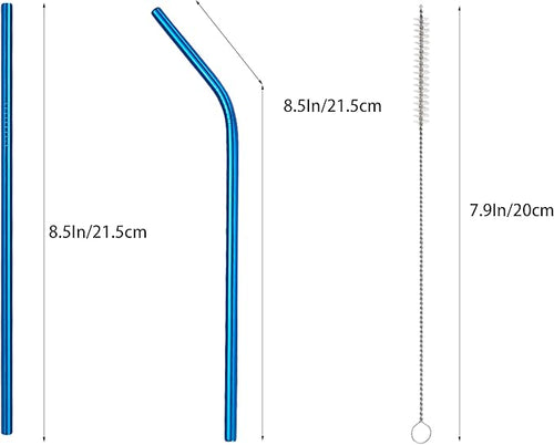 10 Pcs Stainless Steel Straws, Reusable Drinking Straws, 5 Straight + 5 Bent Metal Straws Set With 2 Pcs Cleaning Brushes (Blue, 8.5 Inch)
