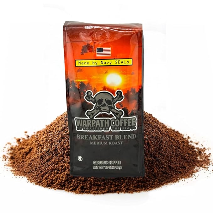 Warpath Coffee Medium Roast Ground Coffee, Breakfast Blend, High Caffeine, Extra Strong Roasted 100% Arabica Coffee Ground Beans, Rich Aroma, Full Bodied Intense Cup, Created by Navy SEALs, 12oz
