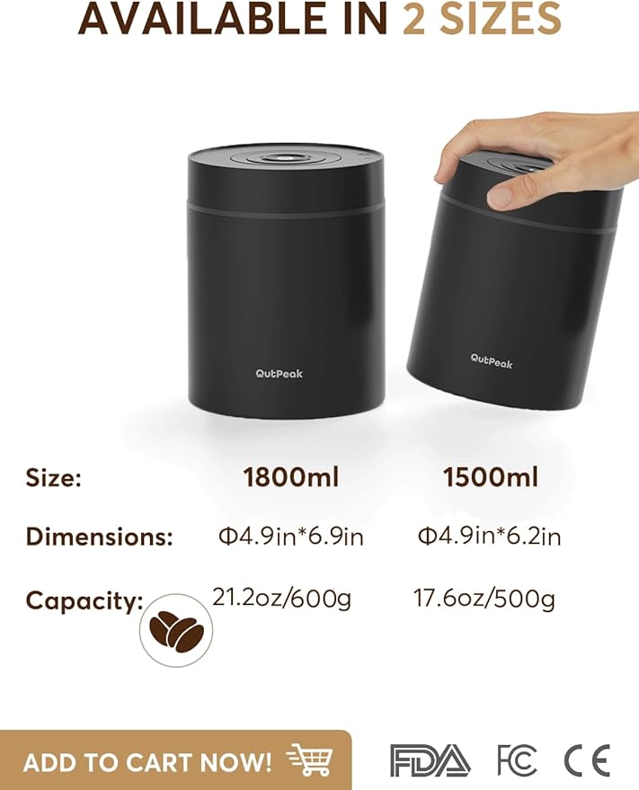 OUTPEAK Neo 2025 Kilo Auto Vacuum Coffee Canister, 1.5L Capacity for 17.6oz of Coffee Beans, One-Button Operation, Stainless Steel Coffee Storage Container with Scoop (Barista Champion's Choice)