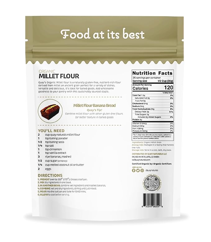 Quay Naturals Organic Millet Flour 2lb | USA-Grown & Milled | Stone-Ground, Gluten-Free, Non-GMO | Vegan, Paleo, High Fiber