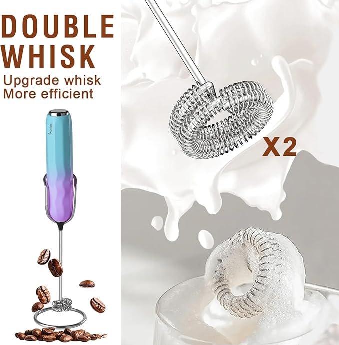 SUPRUS Ultra Fast Handheld Milk Frother Double Whisk with Stand 2 Batteries Stainless Steel for Lattes Cappuccino Matcha Hot Chocolate Coffee Bar Accessories Kitchen Gadgets Gift