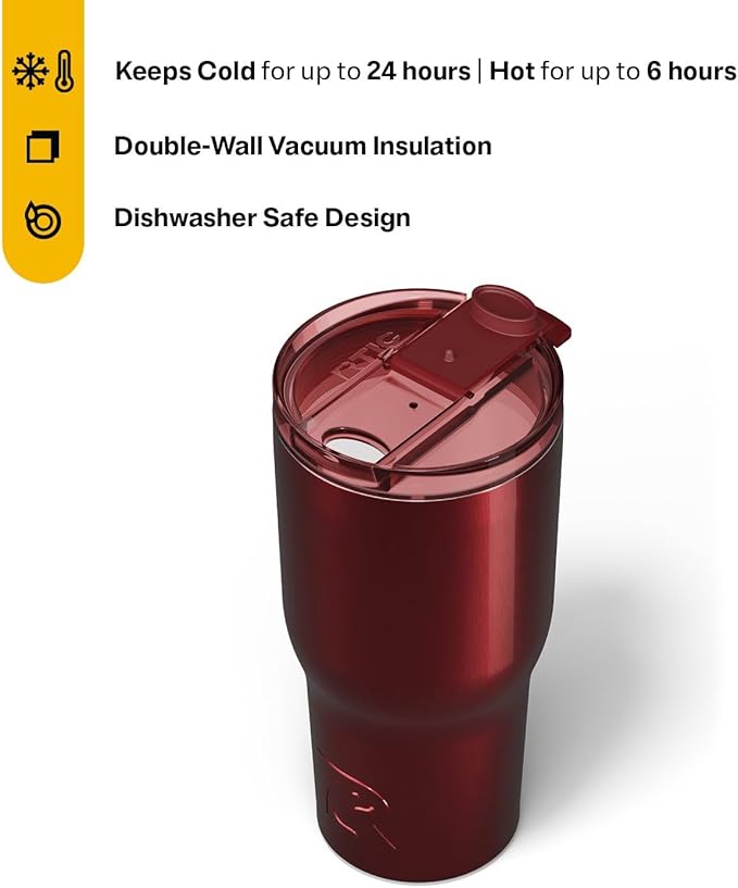 RTIC 30oz Essential Tumbler with Lid, Insulated, Stainless Steel, Metal, Double Wall Vacuum-Insulation, Ceramic Lined, Travel Cup for Iced Coffee, Tea, Hot and Cold Drink, Black Cherry Metallic
