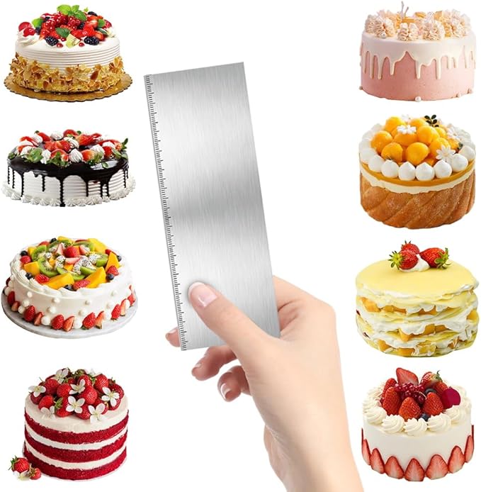 2Pcs Stainless Steel Cake Scraper - 8.6 Inch Double Sided Patterned Edge Stripe Smoother Scraper, Cake Smoother for Icing Mousse Butter Cream, Cake Decorating Comb Measuring Tool