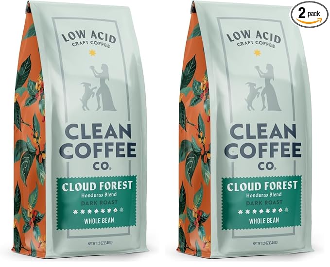 Clean Coffee Co. - Low Acid Dark Roast, Tested for Molds and Toxins, Honduras Blend, Notes of Caramel, Dark Chocolate, and Toasted Malts (Whole Bean, 12 oz Bag) (Pack of 2)