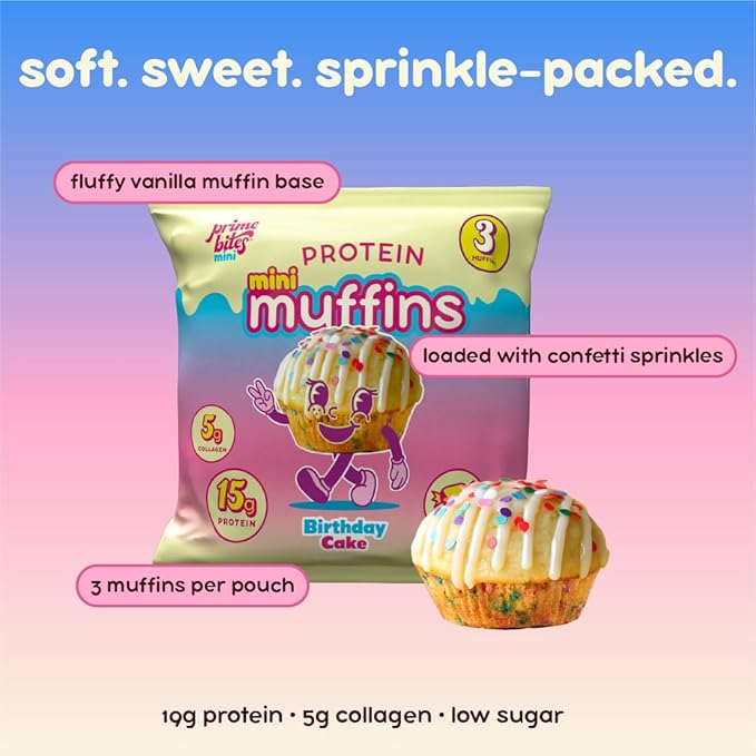 Prime Bites Minis | Protein Mini Muffins from Alpha Prime Supplements | High Protein, Collagen Fortified Low Sugar Treat | Delicious Snack | 12 Packs per Box - Birthday Cake