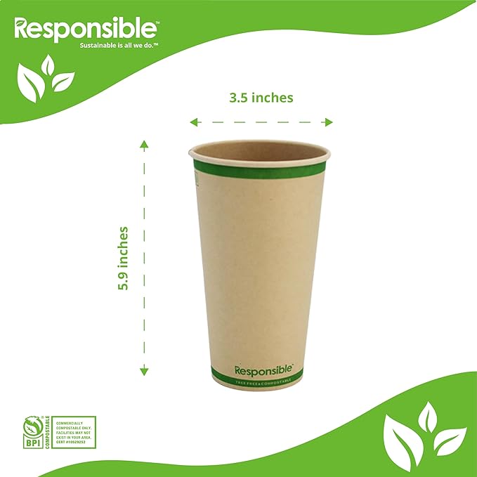 20 oz Paper Hot Cups, Tree-Less™ Compostable Paper Coffee Cups, Extra Strength, Tree-Free and Made Without PFAS, Natural Brown (1000 Count)