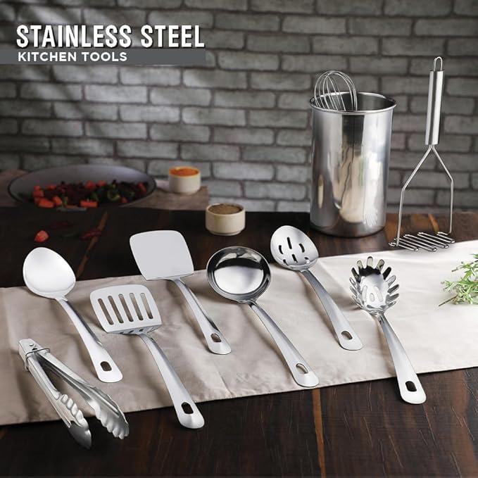 Avador® Premium Set of 10 Stainless Steel Kitchen Tool Set with Holder Easy To Clean, Space Saving, Great for Cooking, Baking, Prepping