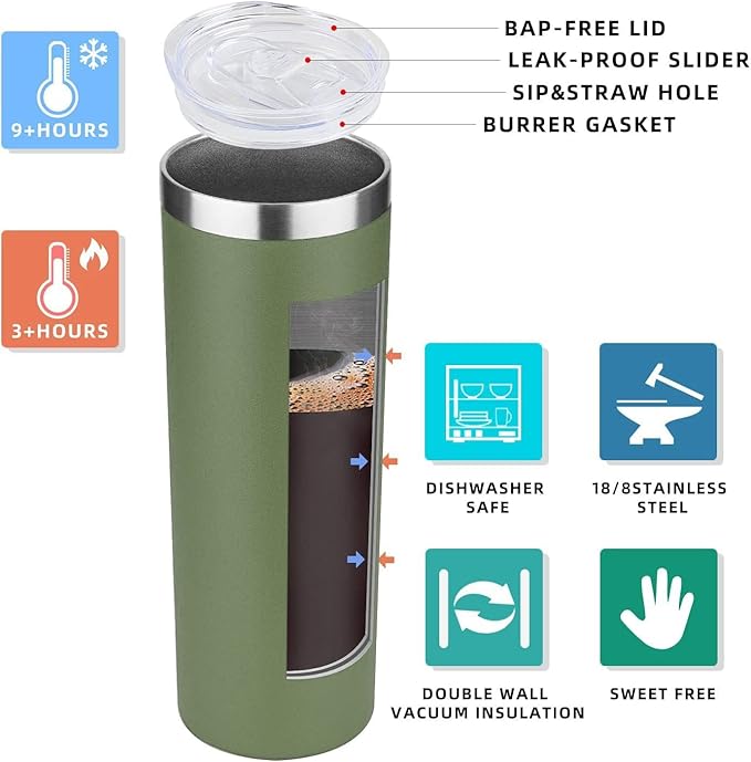 HASLE OUTFITTERS 20 oz Skinny Tumblers Bulk Set, Stainless Steel Insulated Slim Tumblers with Lids, Reusable Double Wall Travel Coffee Mugs, Durable Powder Coated Travel Water Cups(Army Green, 12)