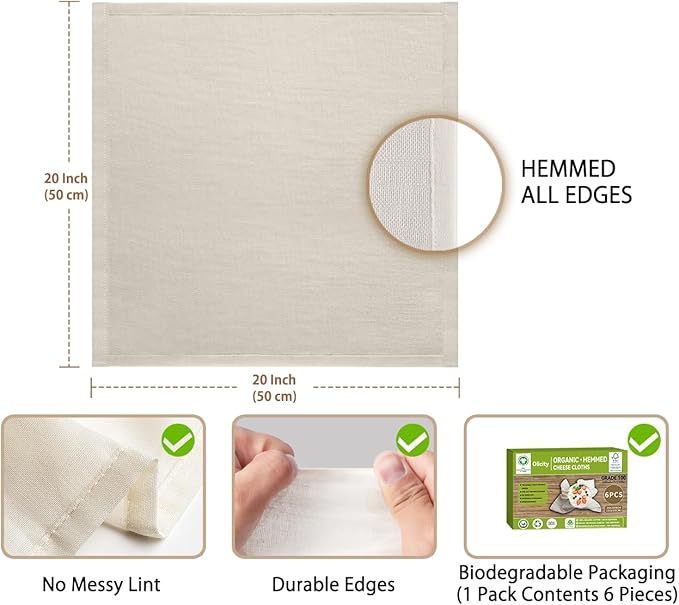 Organic Cheese Cloths, GOTS Certified, 6PCS, Grade 100, 20x20Inch Hemmed Cheese Cloth Fabric Reusable Fine Mesh Cloth, 100% Cotton Unbleached Muslin Cheesecloth for Straining, Cooking, Yogurt, Juicing
