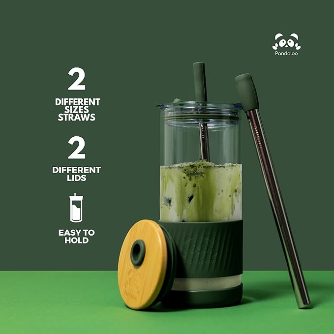 Pandaloo® Glass Cups With Lids and Straws -20 Fl Oz- Perfect Size Iced Coffee Cup - Smoothie Cup With Bamboo Lid and On the go Lid - Glass Tumbler With Straw (1 Count (Pack of 1), Amber Sand)