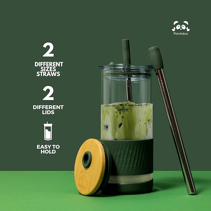 Pandaloo® Glass Cups With Lids and Straws -20 Fl Oz- Perfect Size Iced Coffee Cup - Smoothie Cup With Bamboo Lid and On the go Lid - Glass Tumbler With Straw (1 Count (Pack of 1), Tender Pink)