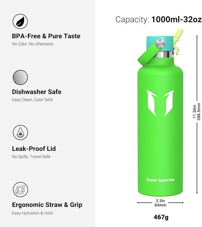 Super Sparrow Insulated Water Bottle - 17 Oz / 25 Oz / 32 Oz - Standard Mouth FlipFlow Flask - BPA Free, Leak Proof Drink Bottle- Ergonomic Straw Water Bottles for Work, Gym, Travel, Sports