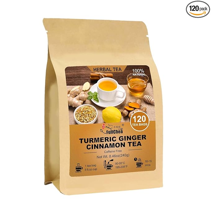 FullChea - Turmeric Ginger Cinnamon Tea Bags, 120 Teabags, 2g/bag - Premium Turmeric, Ginger, Cinnamon - Non-GMO - Caffeine-free - Aid Digestion & Boost Immunity