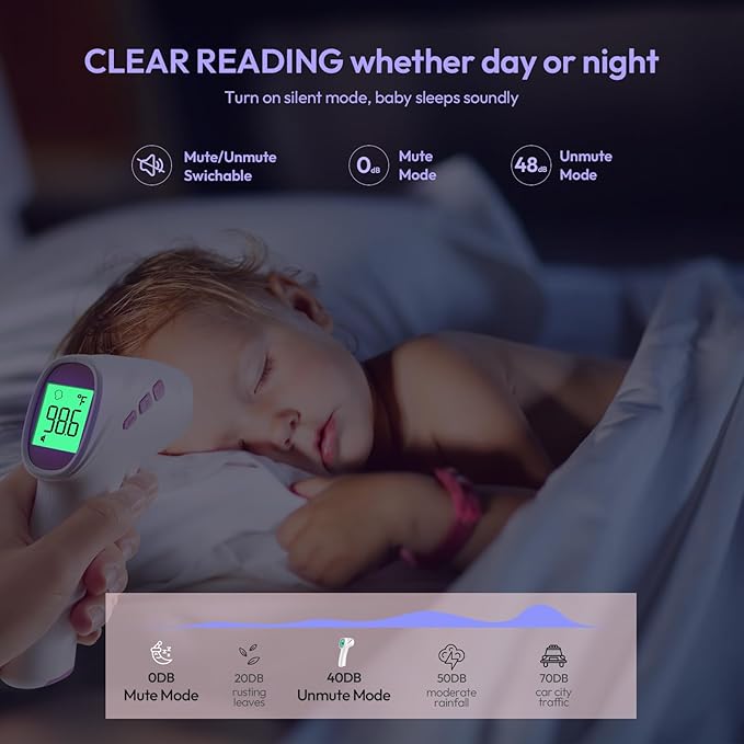 Forehead Thermometer for Adults, Kids & Babies, No-Touch Digital Thermometer with LCD Backlight Display, Fever Alarm and 1s Instant Reading - Purple