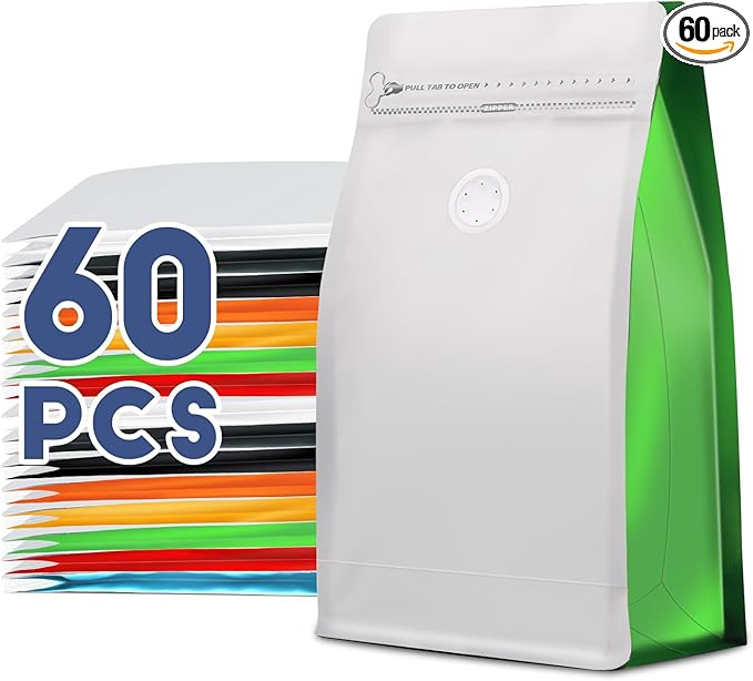 Coffee Bags with Valve(60pcs,8 oz,1/2 lb) Vented Coffee Beans Packaging Bags High Barrier Aluminumed Foil Flat Bottom Heat Sealed Side Zipper Resealable Storage Bag for Home or Business（White+Green）