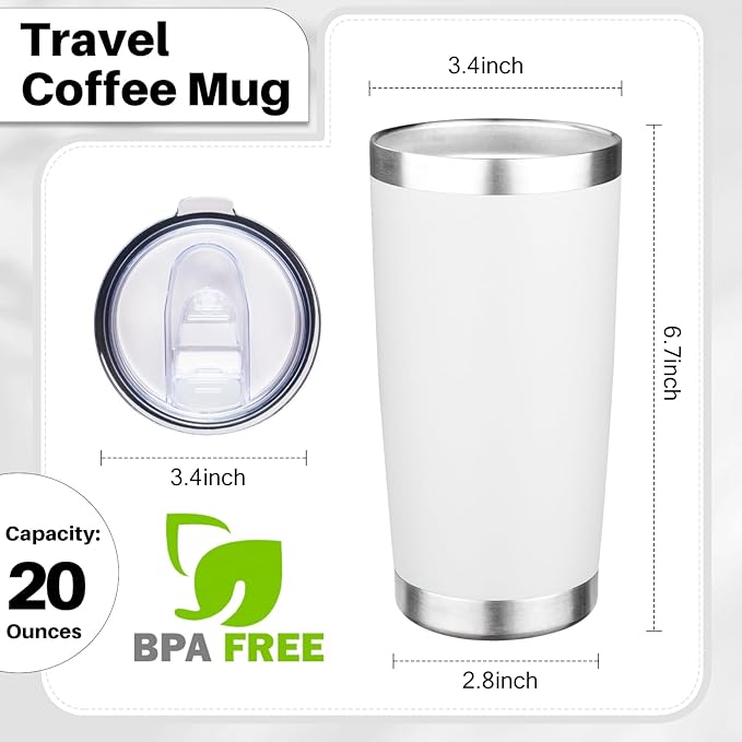 20oz Tumbler with Lid Double Wall Vacuum Insulated Travel Coffee Mug Stainless Steel Thermal Cup Powder Coated Sturdy Coffee Tumbler for Hot and Cold Beverage (White,1)