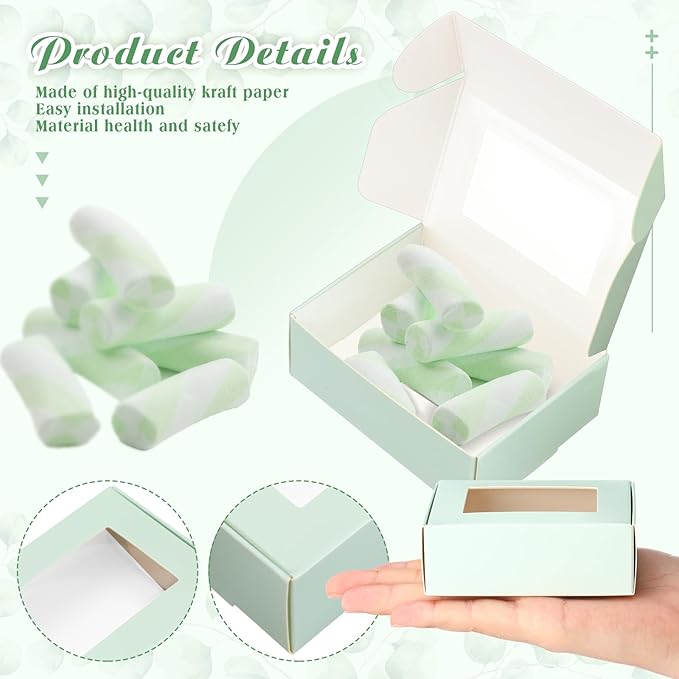 Zonon 30 Pcs Soap Boxes for Homemade Packaging, Mini Kraft Treat Boxes with Window for Bakery Candy Soap Making Gift Packaging(3.5 x 2.4 x 1.2 Inch,Light Green)