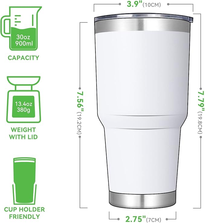DOMICARE 30 oz Tumbler with Lid and Straw, Stainless Steel Tumblers Bulk, Insulated Vacuum Double Wall Travel Coffee Mug, Durable Powder Coated Tumbler Cup (White, 1)