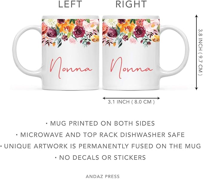 Andaz Press 11oz. Mother's Day Ceramic Coffee Tea Mug Gift, Fall Autumn Burgundy Orange Peach Flowers Roses Florals, Nonna, 1-Pack, Includes Gift Box, Birthday Christmas Gift Ideas