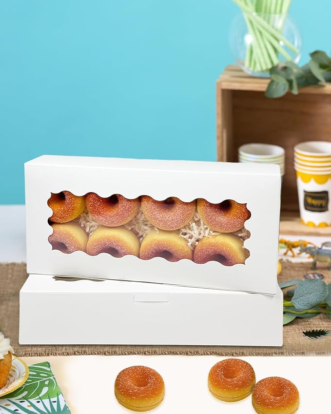 qiqee 12x5.5x2.5 Inch White Cookie Box with Window 15 Packs Two Uses Pastry Biscuit Bakery Box for Packaging