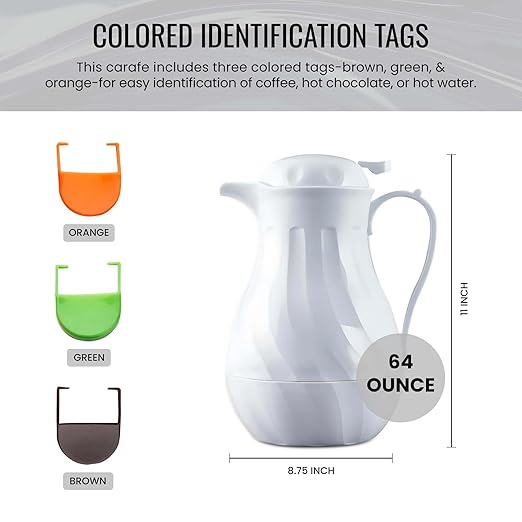 OCS Parts Easy Pour Thermal Coffee Carafe | 11-Inch Insulated Hot and Cold Beverage Pitcher Server for Coffee, Tea, Hot Chocolate and Water with Colored Tags for Easy Idenfication | 64-Ounce | White