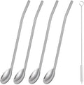 4Pcs Stainless Steel Straws Spoons, 2 in 1 Reusable Snow Cone Drinking Stainless Steel Ice Tea Metall Long Spoons Straws with 1 Cleaning Brushes for Cocktail Milkshake(4)