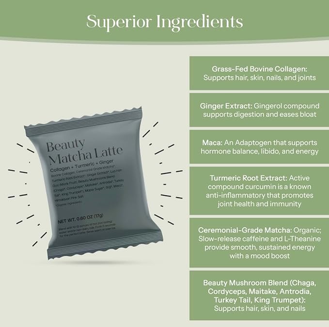 Kroma’s Beauty Matcha Latte Powder 0.60 Oz, 17g, 7 Servings – Collagen Ceremonial Grade Matcha Green Tea with Protein for Glowing Skin & Hair Support w/ Bovine Collagen, Ginger & Turmeric - Premium Matcha Powder w/ Adaptogenic Mushrooms