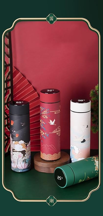 Insulated Coffee Tea Travel Thermos Mug Water Bottle with Removable Strainer and Temperature Featuring Elegant Asian Art Design - 16.9 fl oz (Black)