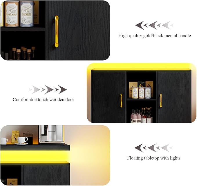 4 EVER WINNER LED Coffee Bar Cabinet, Sideboard Buffet Cabinets with Storage, Modern Cabinet with Charging Station, Black Coffee Bar for Kitchen, Dining Room