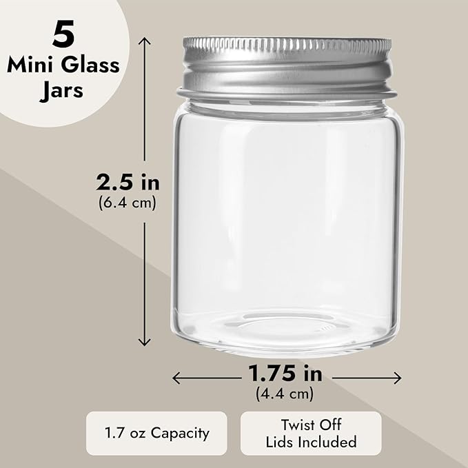 Juvale Mini Glass Spice Jars with Lids - 1.7 oz, Clear Art Deco, 5-Pack - Glass Craft Jars with Lids for Spices, Jams & Crafts